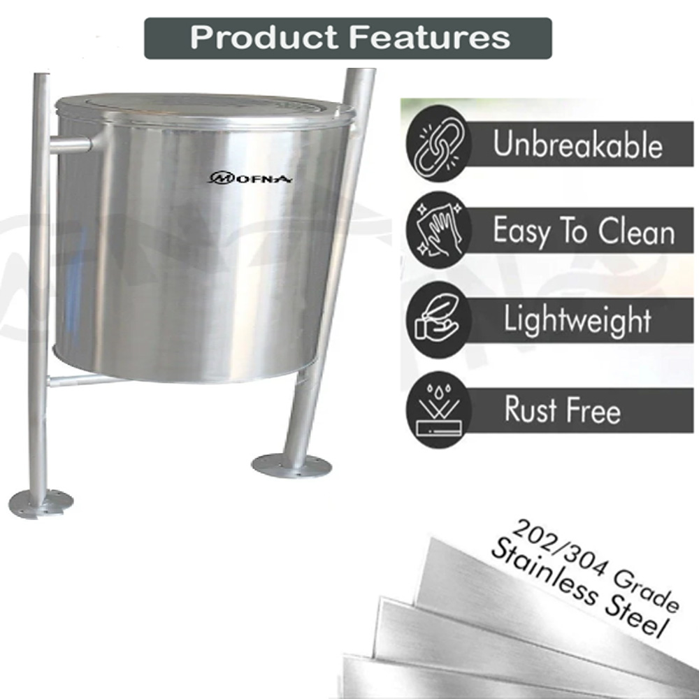 Mofna Stainless Steel  Single Swing Pole Dustbin 60 Liter