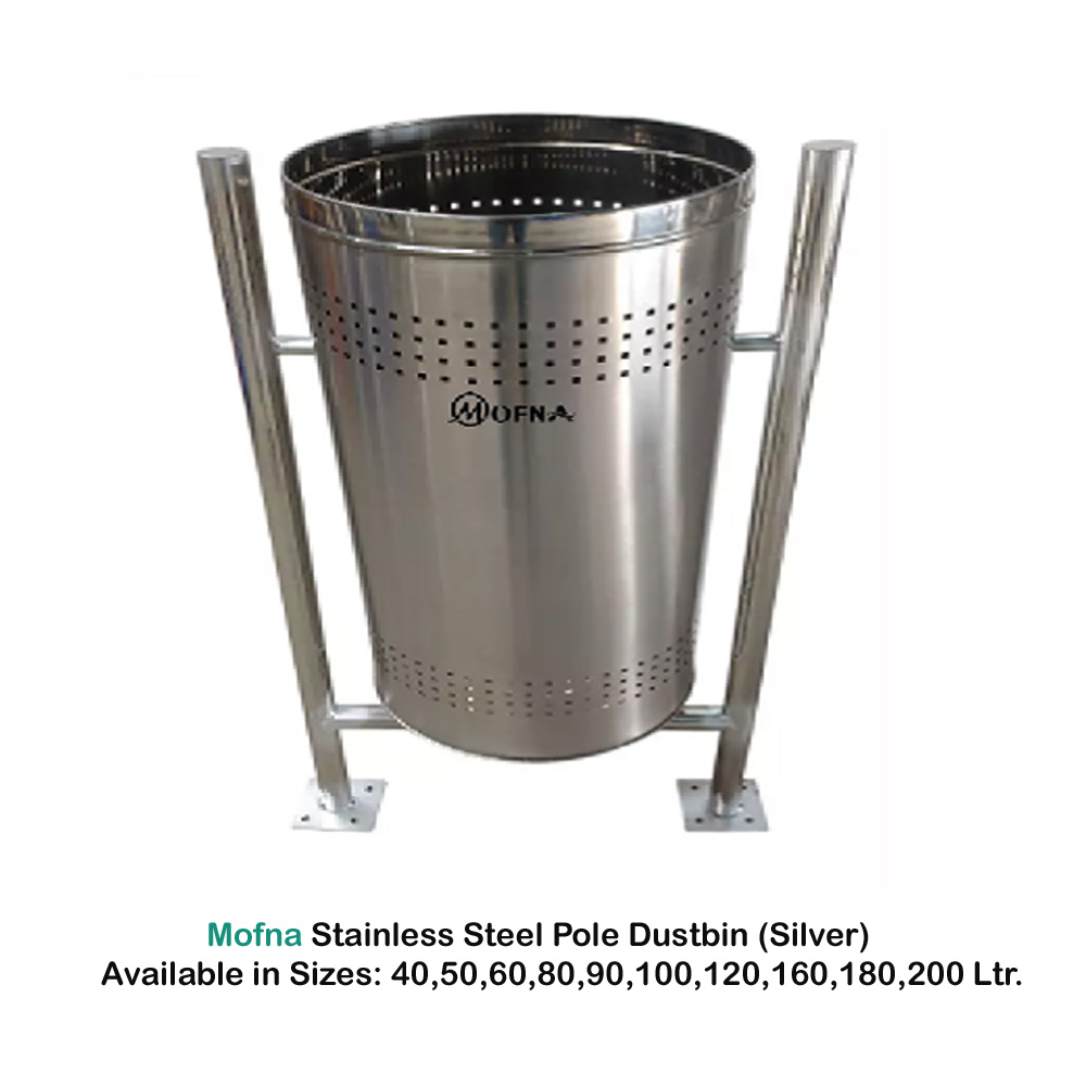 Mofna Stainless Steel Single Pole Open Dustbin, 40 Liter