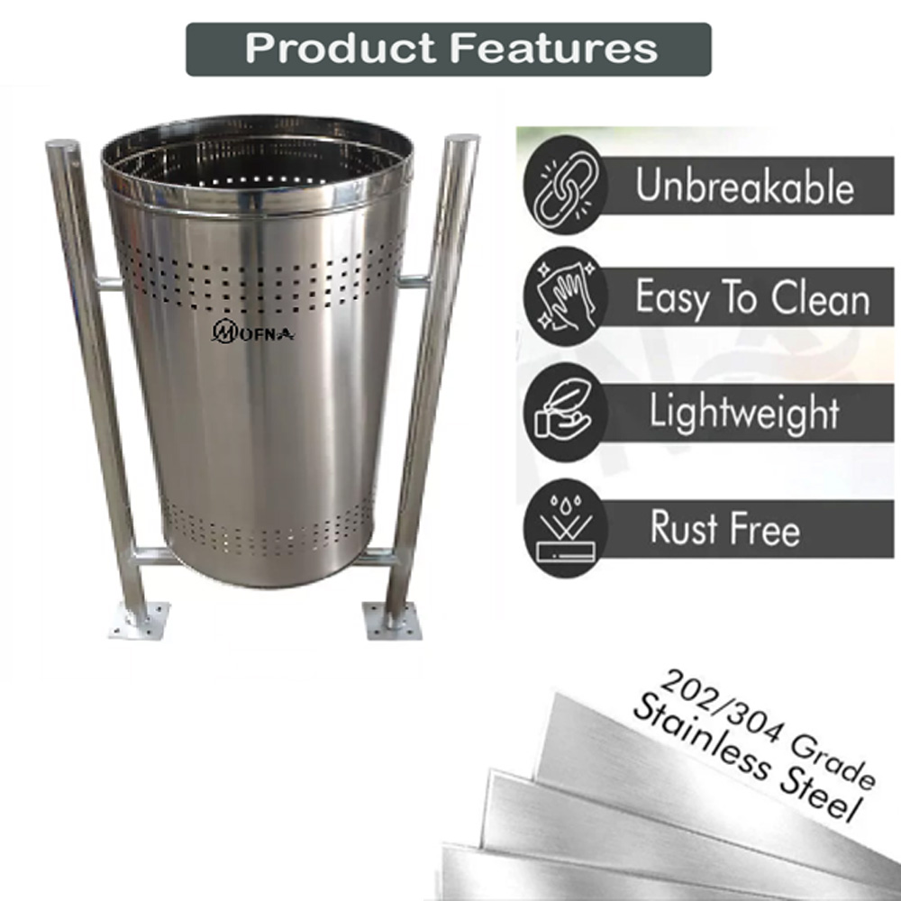 Mofna Stainless Steel Single Pole Open Dustbin, 40 Liter