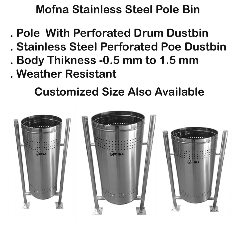 Mofna Stainless Steel Single Pole Open Dustbin, 40 Liter