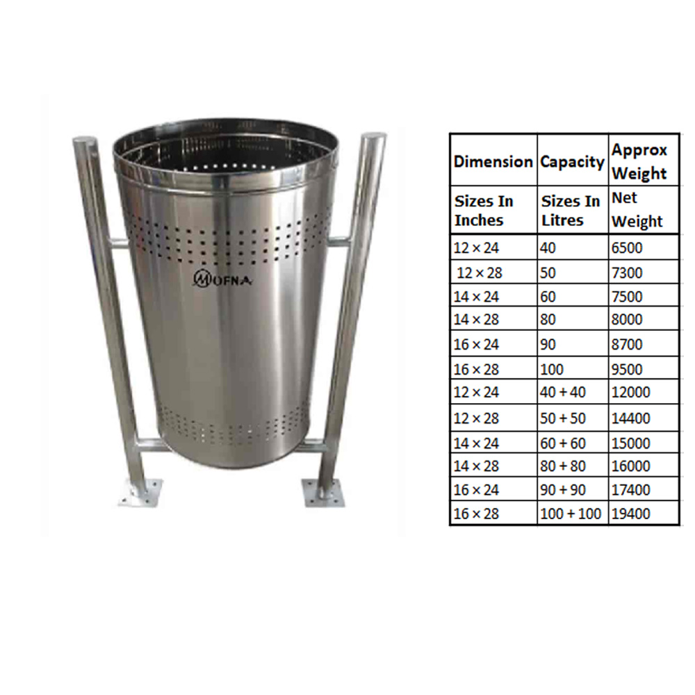 Mofna Stainless Steel Single Pole Open Dustbin, 40 Liter