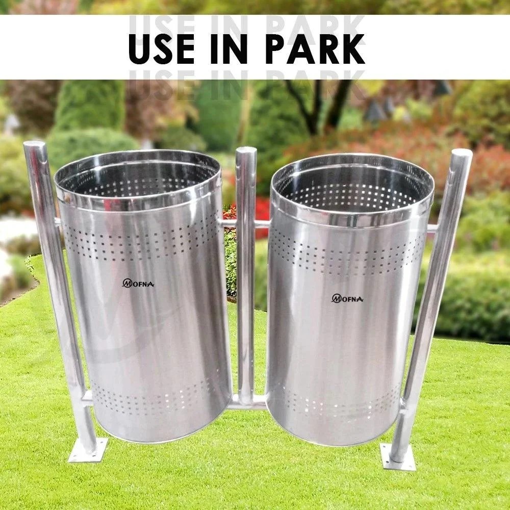 Mofna Stainless Steel Duo Pole Open Dustbin, 90 Liter