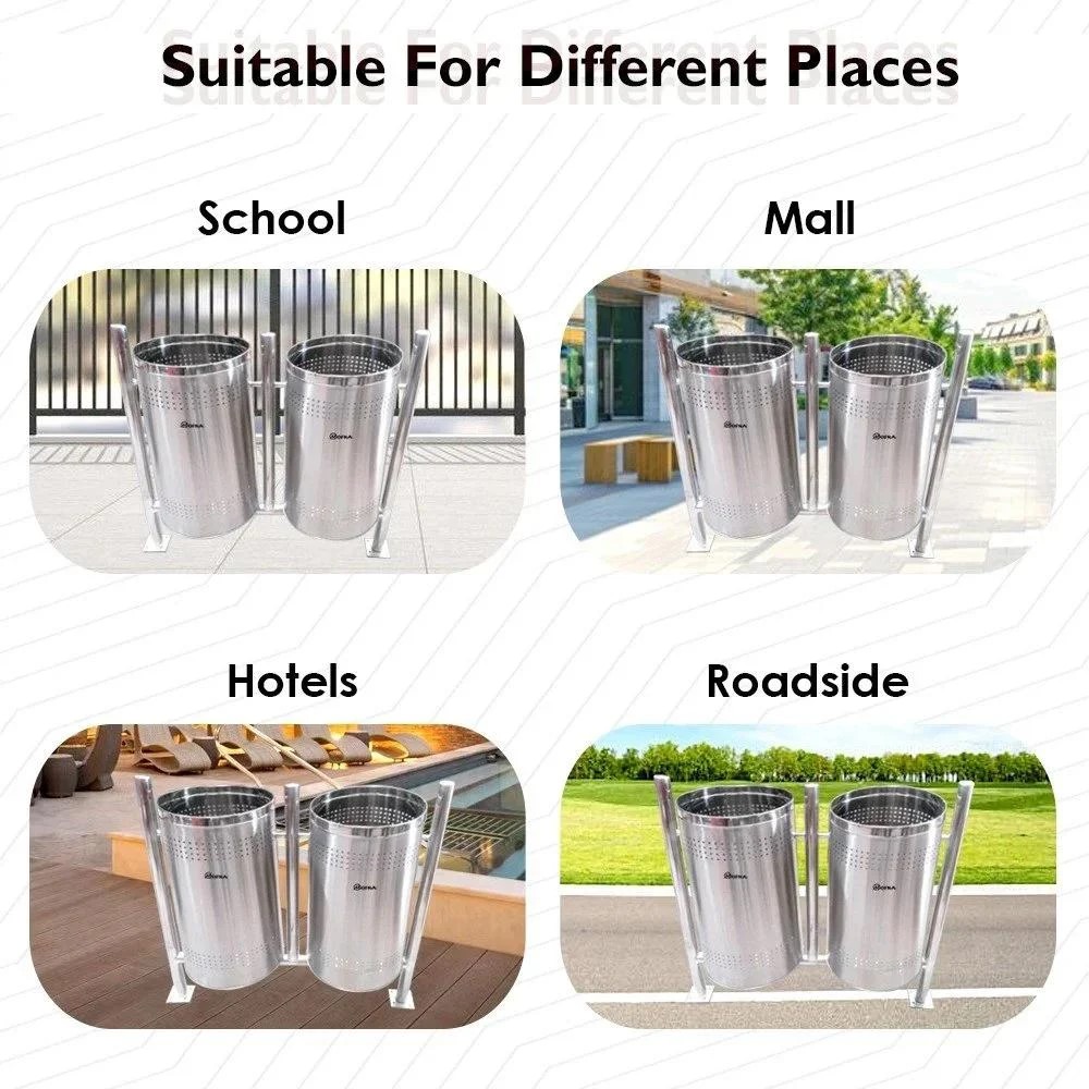 Mofna Stainless Steel Duo Pole Open Dustbin, 90 Liter