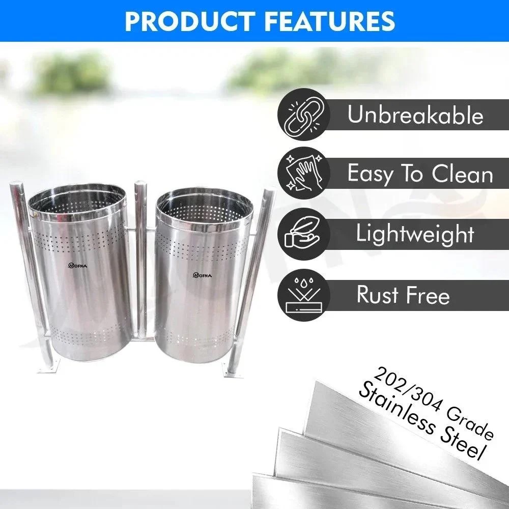Mofna Stainless Steel Duo Pole Open Dustbin, 90 Liter