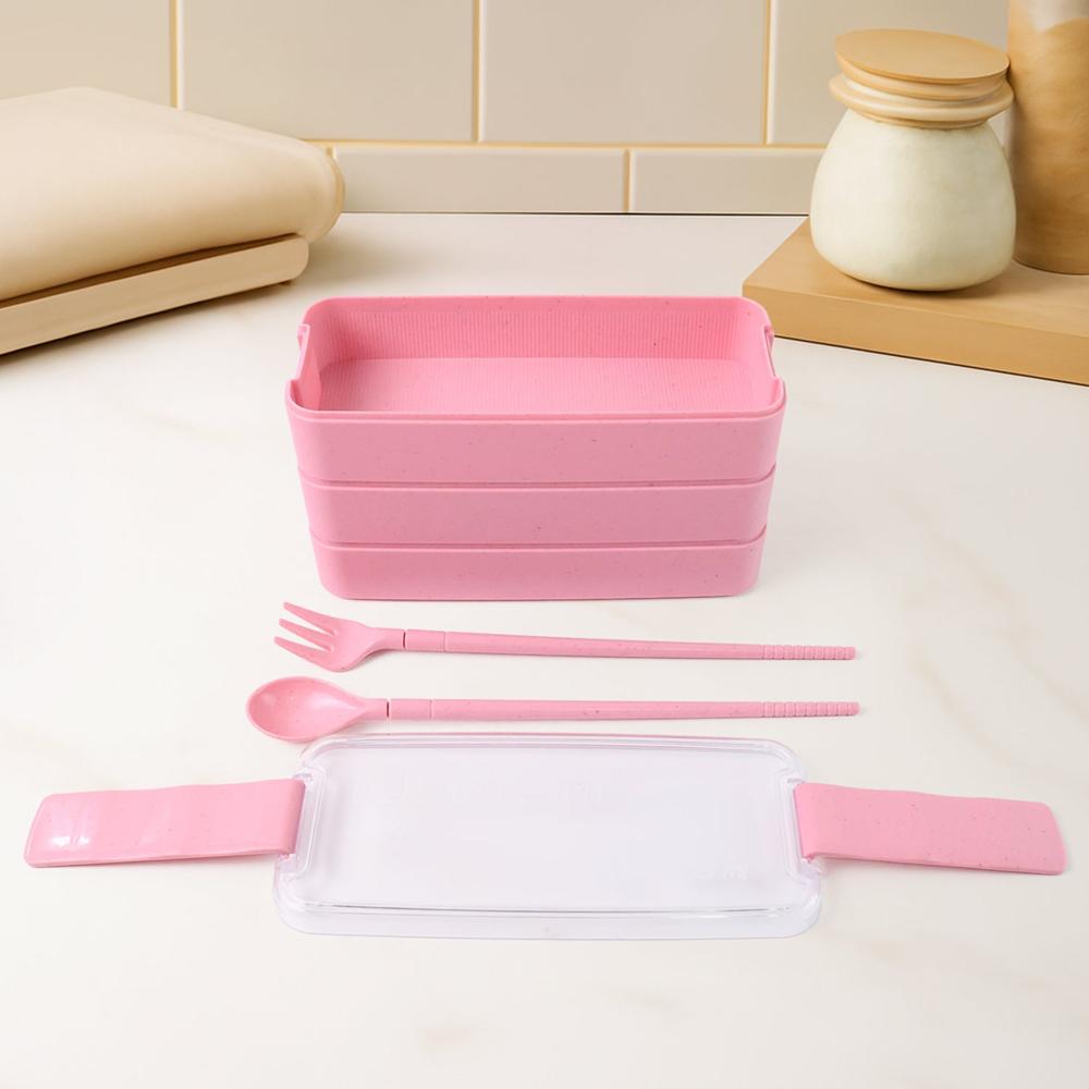 Eco-friendly 3-layer Stackable Lunch Box Set With Cutlery - Color: Mix
