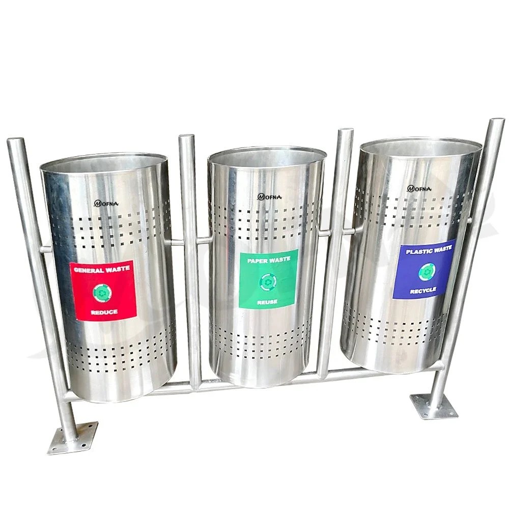 Mofna Stainless Steel Three In One Pole Open Dustbin, 50 Liter