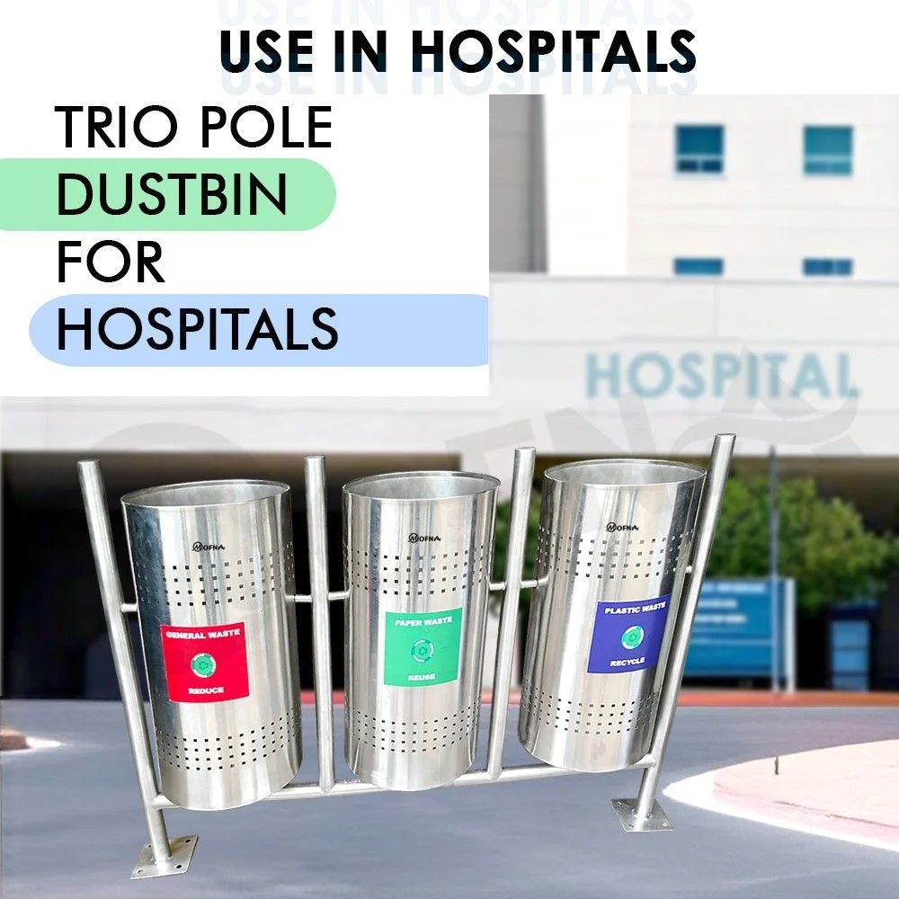 Mofna Stainless Steel Three In One Pole Open Dustbin, 50 Liter