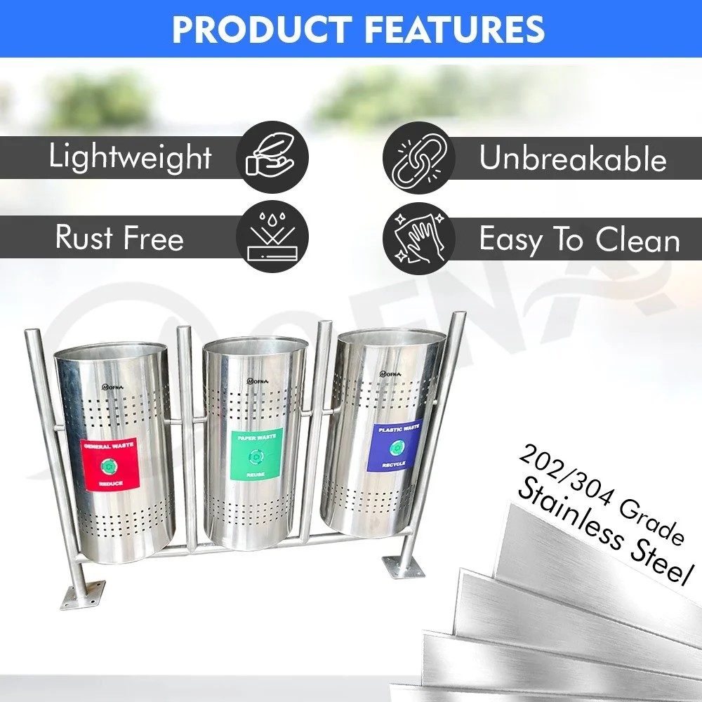 Mofna Stainless Steel Three In One Pole Open Dustbin, 50 Liter