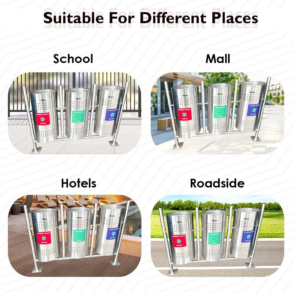 Mofna Stainless Steel Three In One Pole Open Dustbin, 50 Liter
