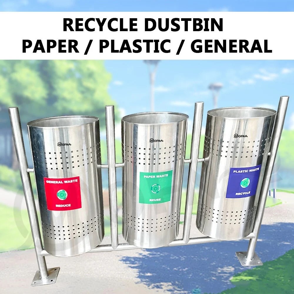 Mofna Stainless Steel Three In One Pole Open Dustbin, 50 Liter