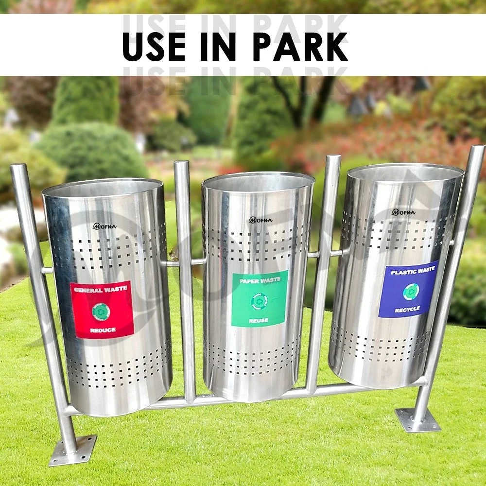 Mofna Stainless Steel Three In One Pole Open Dustbin, 50 Liter