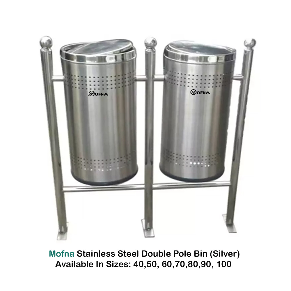 Mofna Stainless Steel Double Pole Dustbin, 100 Liter