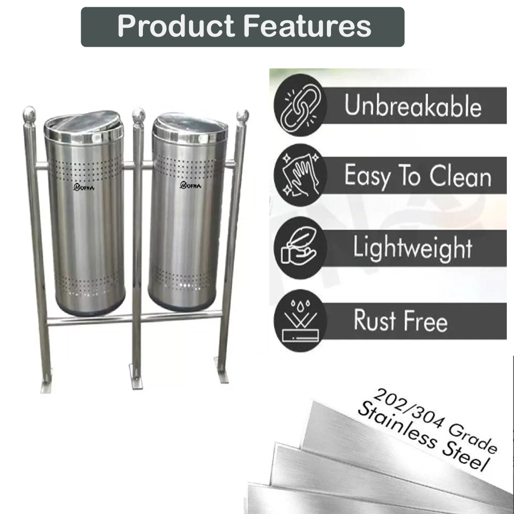 Mofna Stainless Steel Double Pole Dustbin, 100 Liter