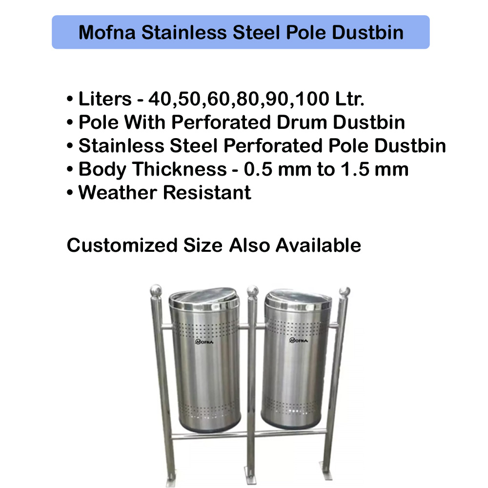 Mofna Stainless Steel Double Pole Dustbin, 100 Liter
