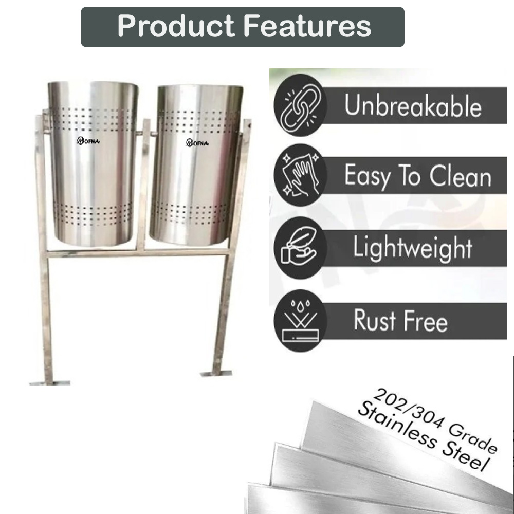 Mofna Stainless Steel Double Pole Open Dustbin 60 Liter