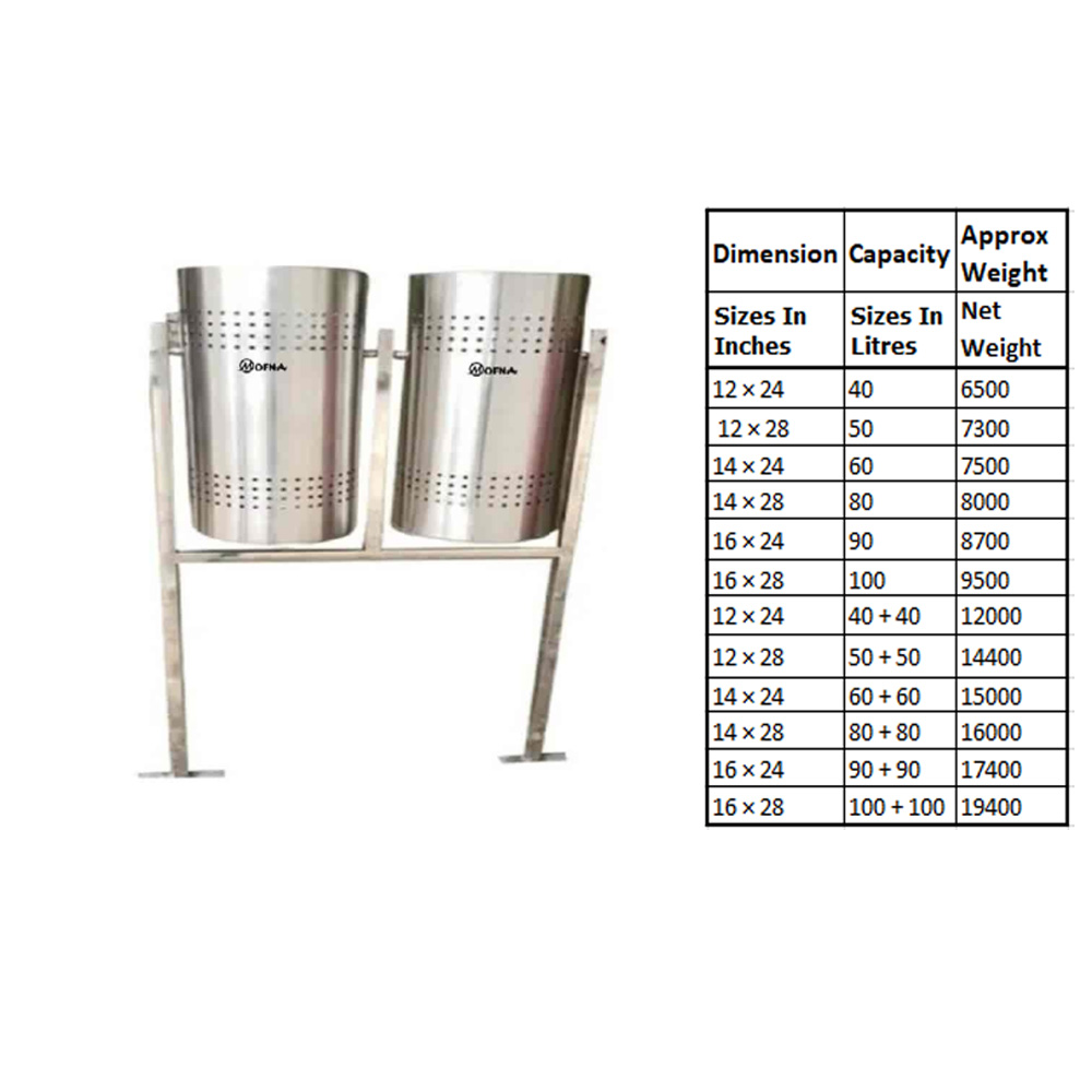 Mofna Stainless Steel Double Pole Open Dustbin 60 Liter
