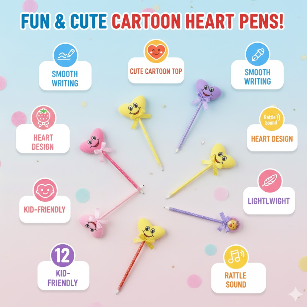 Cute Cartoon Shape & Heart Design Facy Writting Pen Attached Rattle | Ball Pen Smooth Writing For Wedding , Events & Multiuse Pen Best Pen l Use for Kids (12 Pcs Set Mix Design & Color)