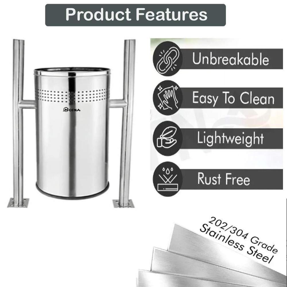 Mofna Stainless Steel Single Pole Dustbin, 60 Liter