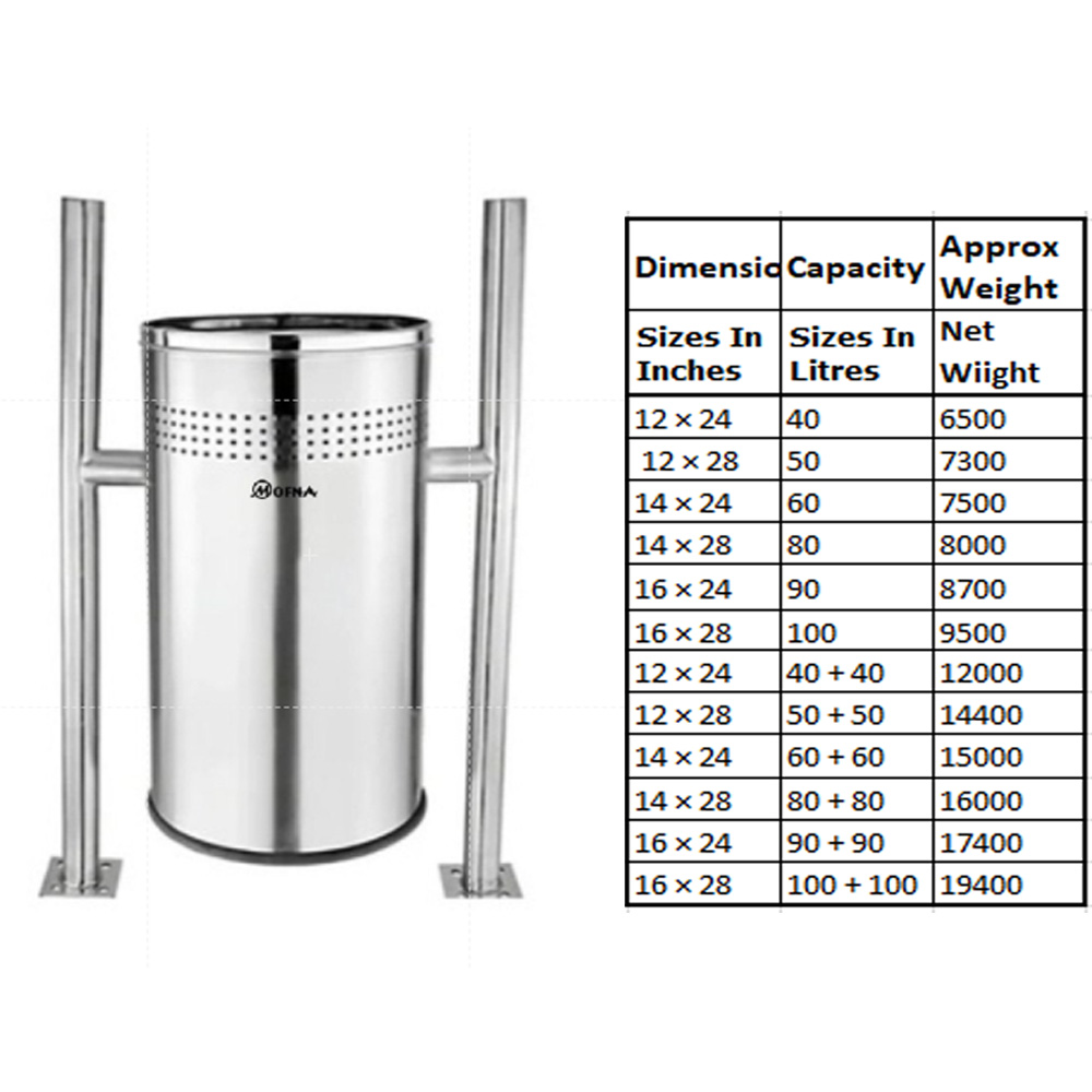 Mofna Stainless Steel Single Pole Dustbin, 60 Liter