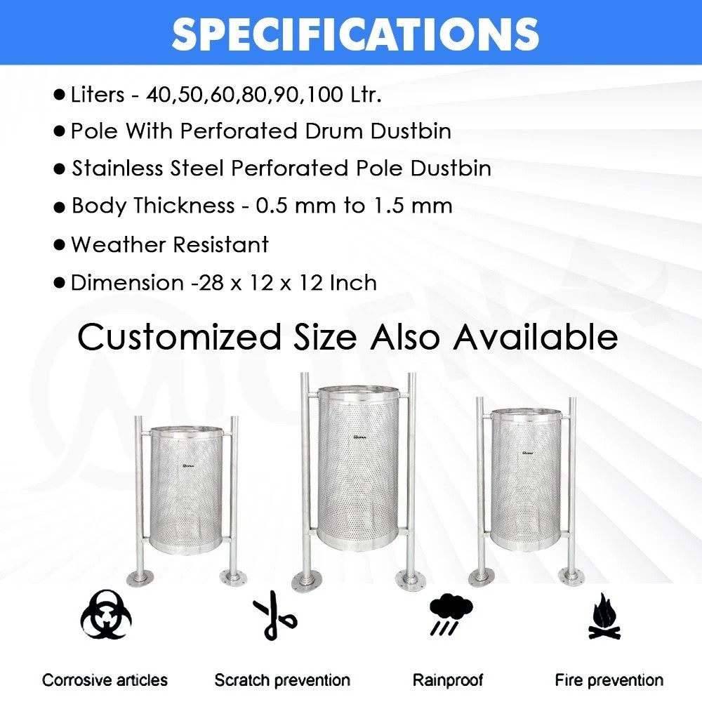 Mofna Stainless Steel Single Pole Perforated Dustbin 50 Later 