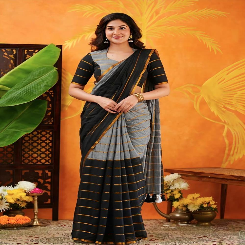 Grey & Black Mul Cotton Saree With BP