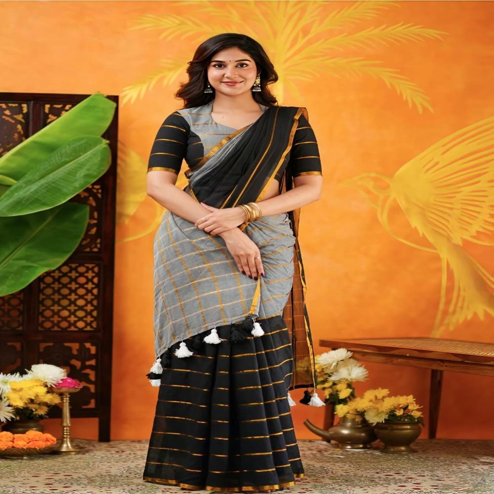 Grey & Black Mul Cotton Saree With BP