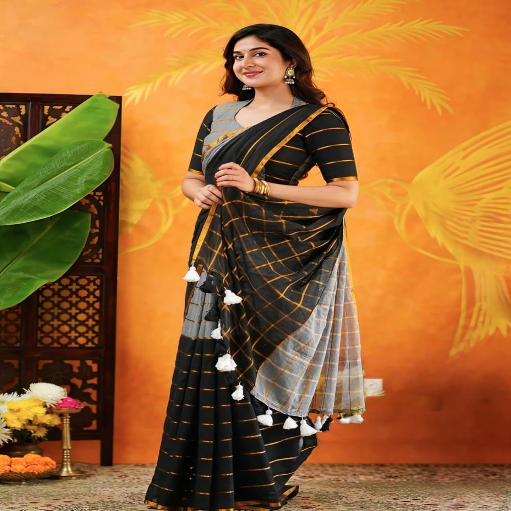 Grey & Black Mul Cotton Saree With BP