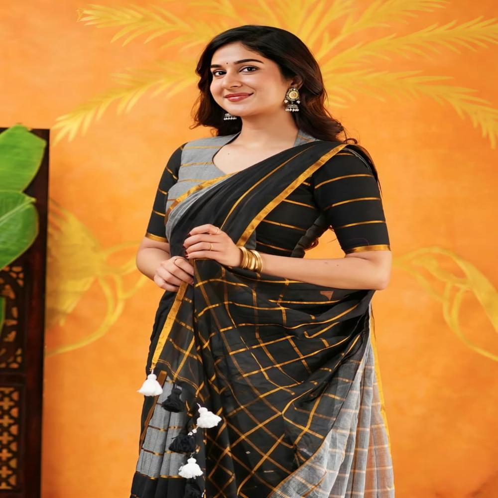 Grey & Black Mul Cotton Saree With BP