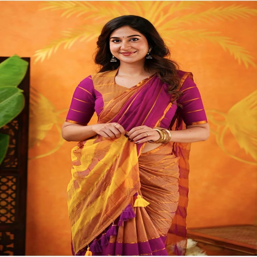 Light Brown & Magenta Color Mul Cotton Saree With BP
