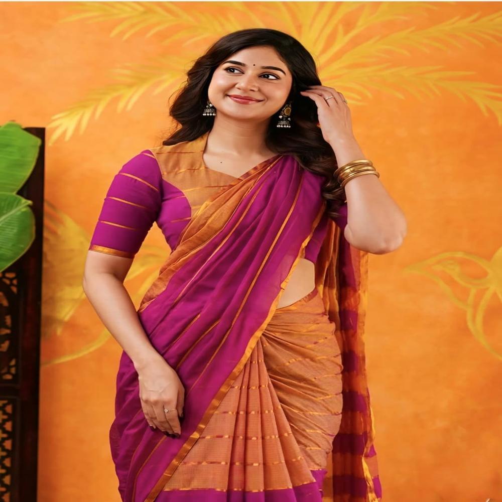 Light Brown & Magenta Color Mul Cotton Saree With BP