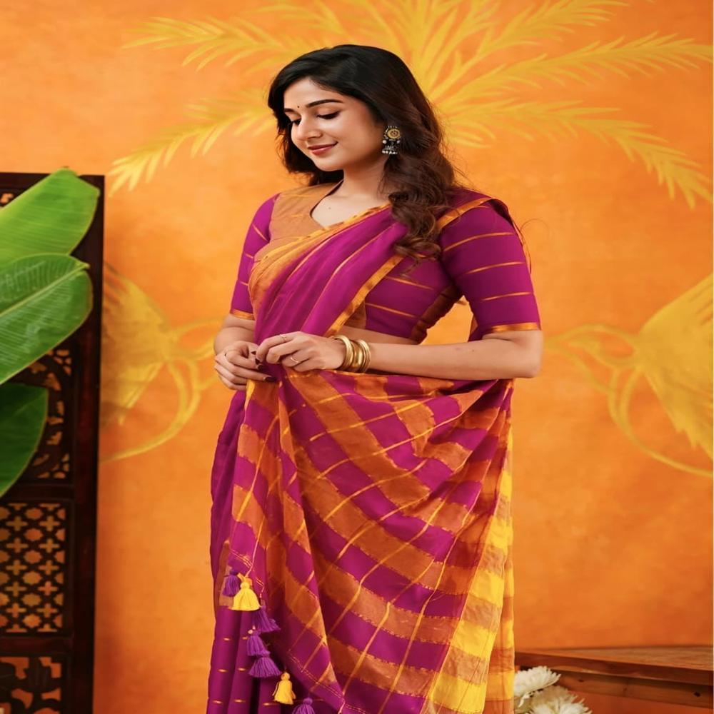 Light Brown & Magenta Color Mul Cotton Saree With BP
