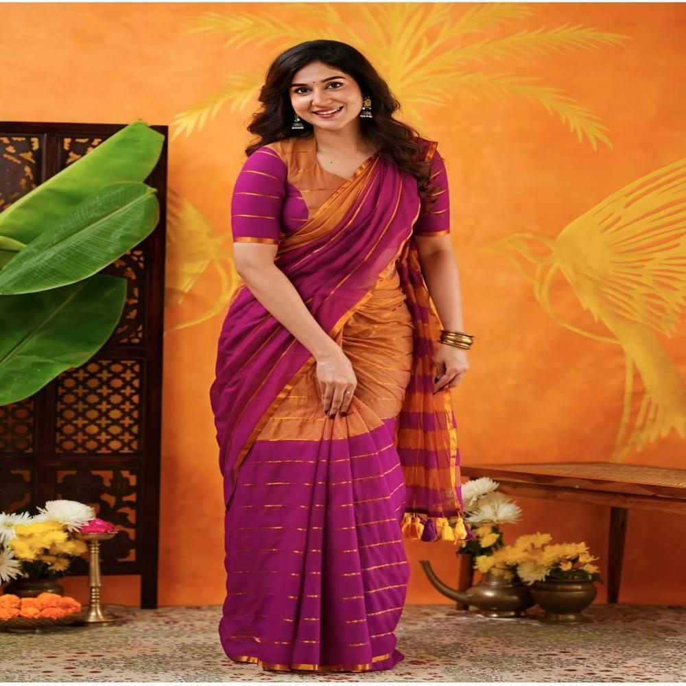 Light Brown & Magenta Color Mul Cotton Saree With BP