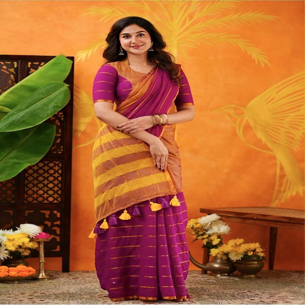 Light Brown & Magenta Color Mul Cotton Saree With BP