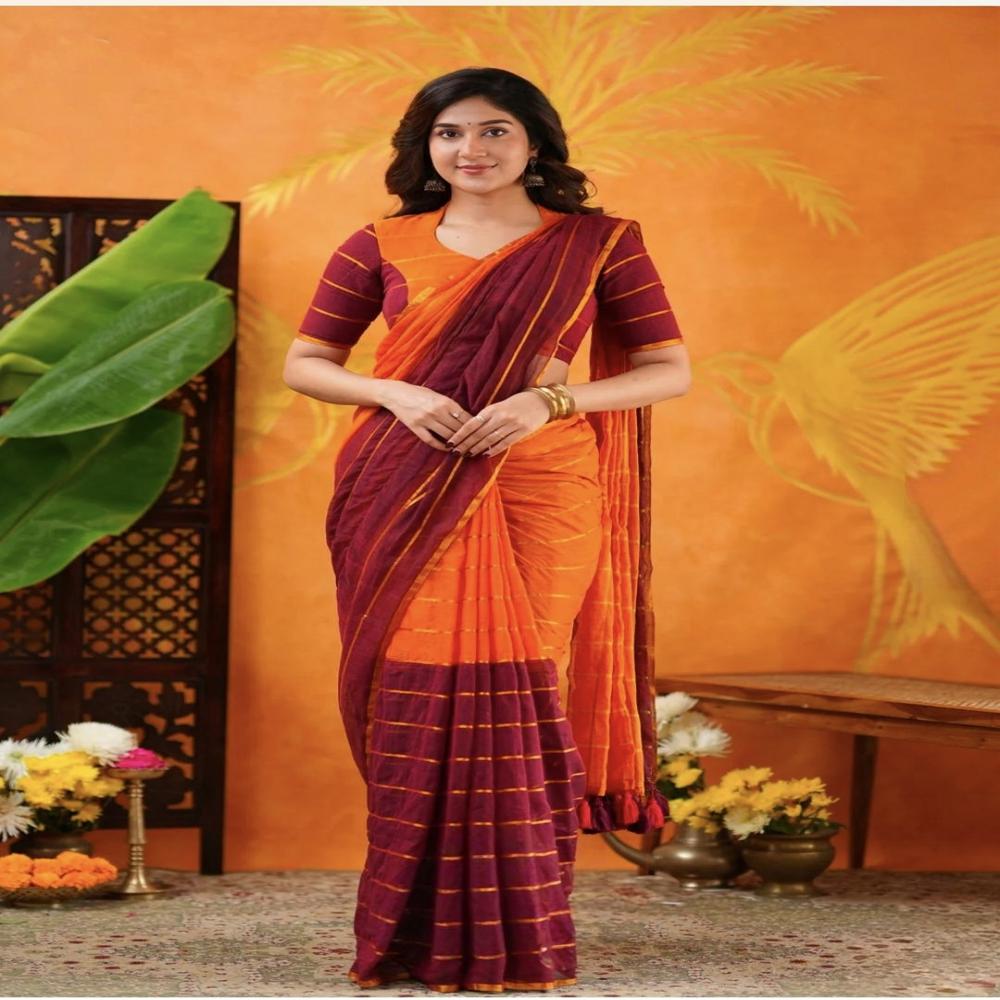 Light Brown & Magenta Color Mul Cotton Saree With BP