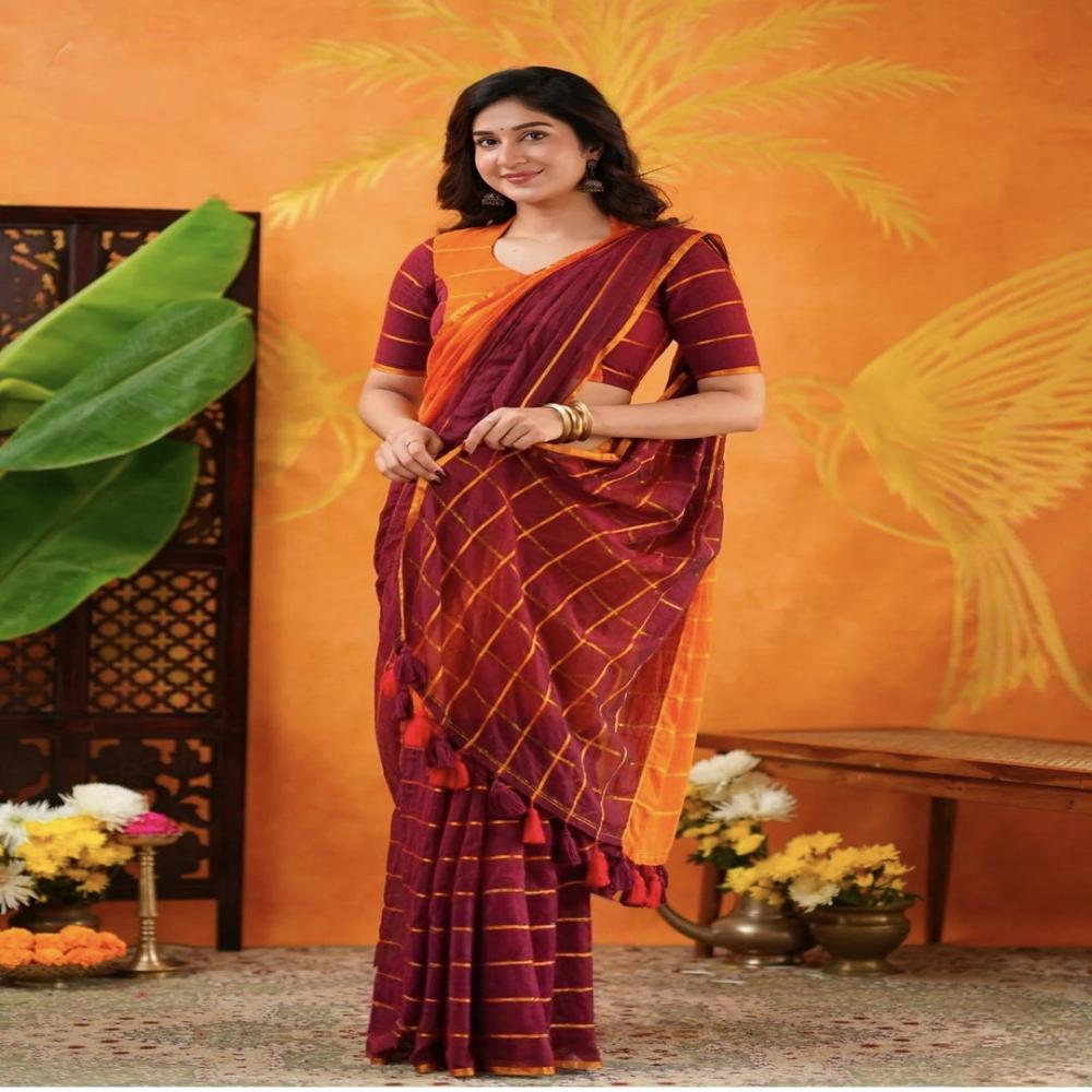 Light Brown & Magenta Color Mul Cotton Saree With BP