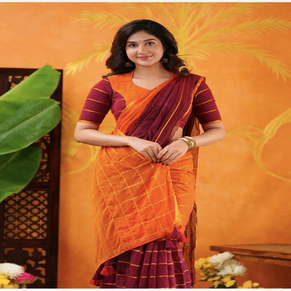 Light Brown & Magenta Color Mul Cotton Saree With BP