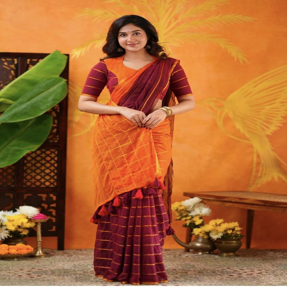 Light Brown & Magenta Color Mul Cotton Saree With BP