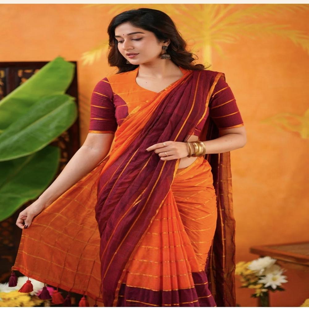 Light Brown & Magenta Color Mul Cotton Saree With BP