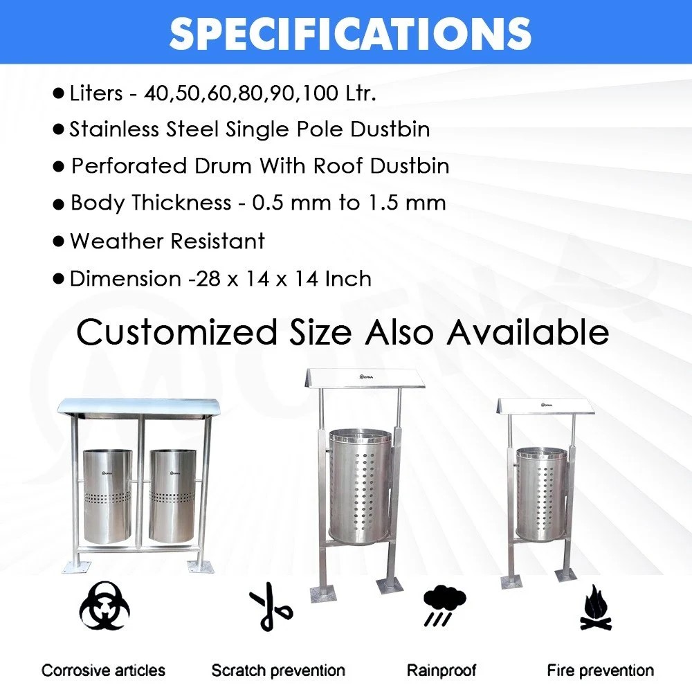 Mofna Stainless Steel Single Roof Pole Dustbin 50 Liter