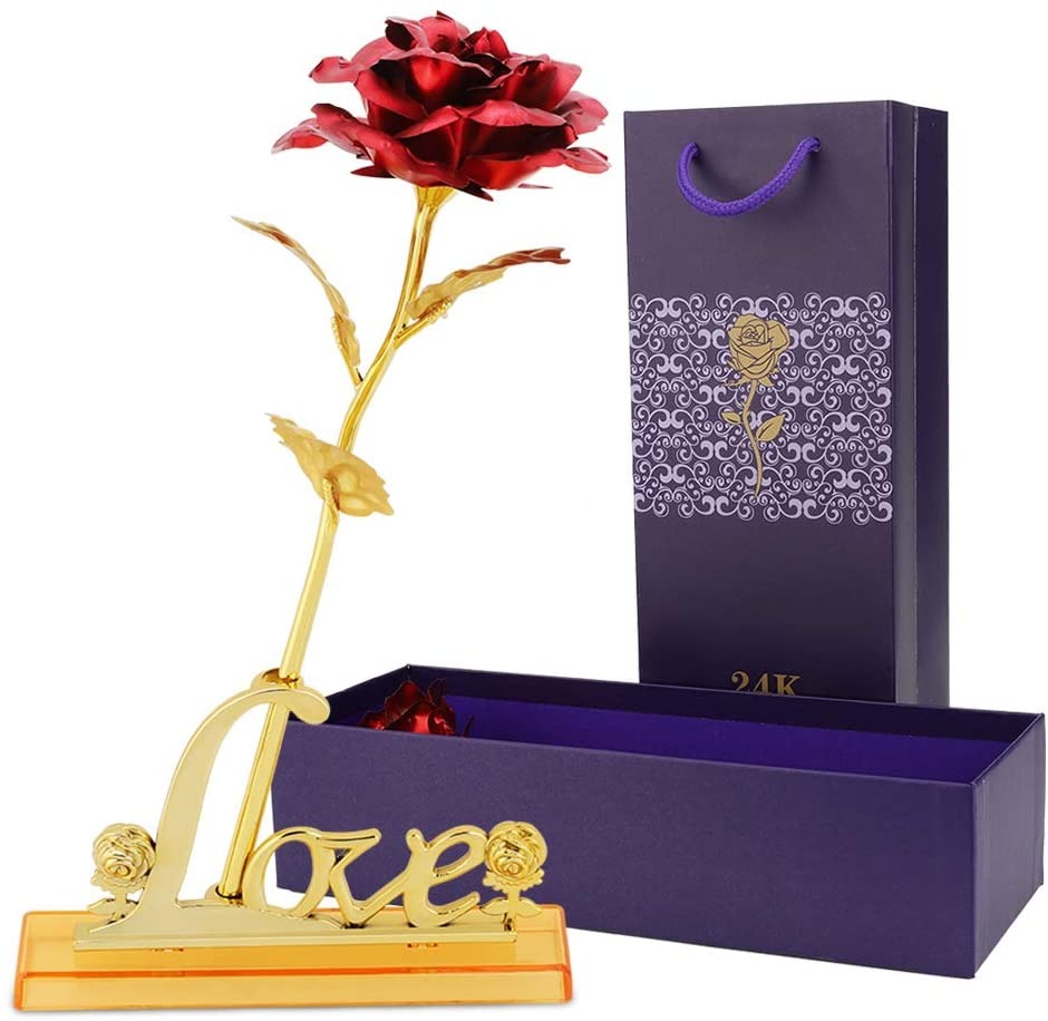 24k Gold Rose,hicoosee Go-ld Foil Plated Rose with LOVE Stand and Gift Box