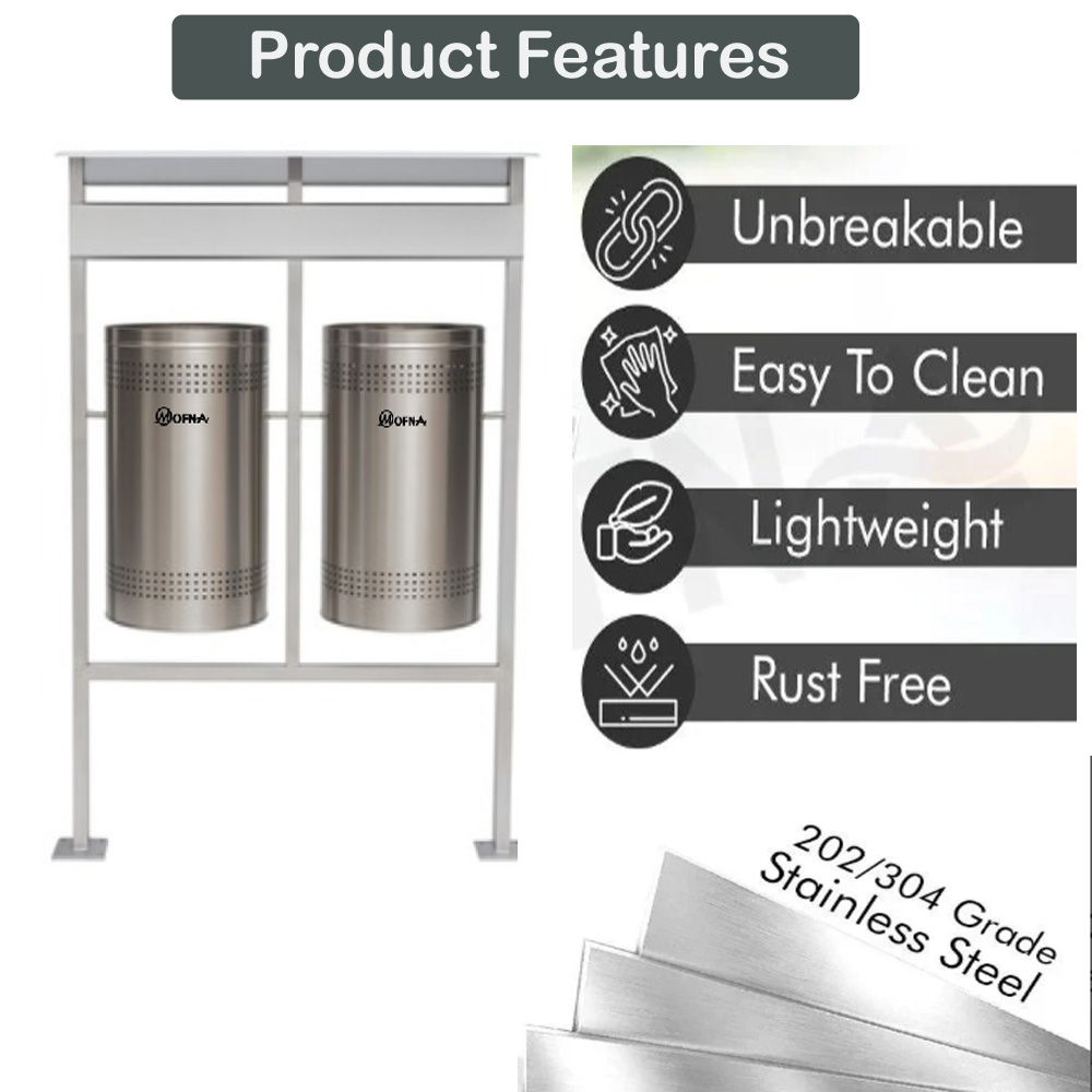 Mofna Stainless Steel Duo Name Plate With Roof Dustbin, 60 Liter