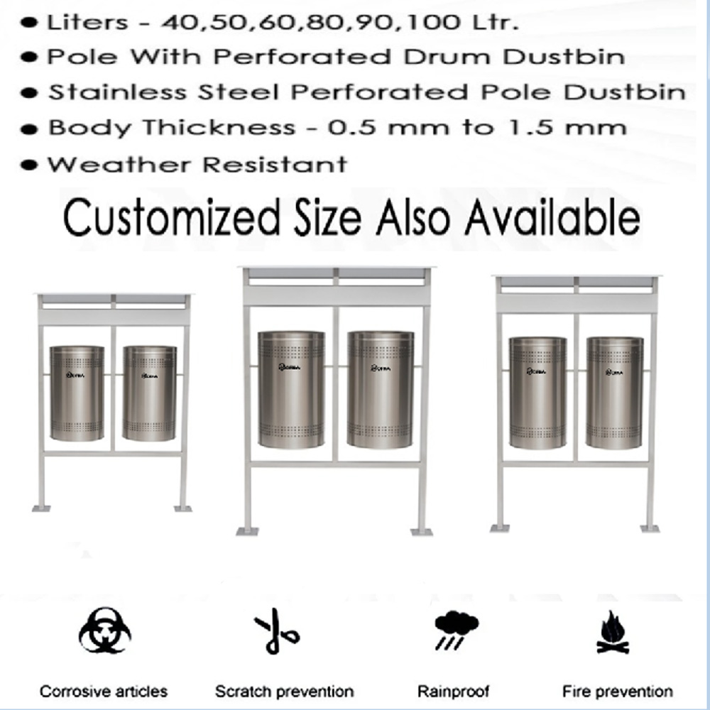 Mofna Stainless Steel Duo Name Plate With Roof Dustbin, 60 Liter