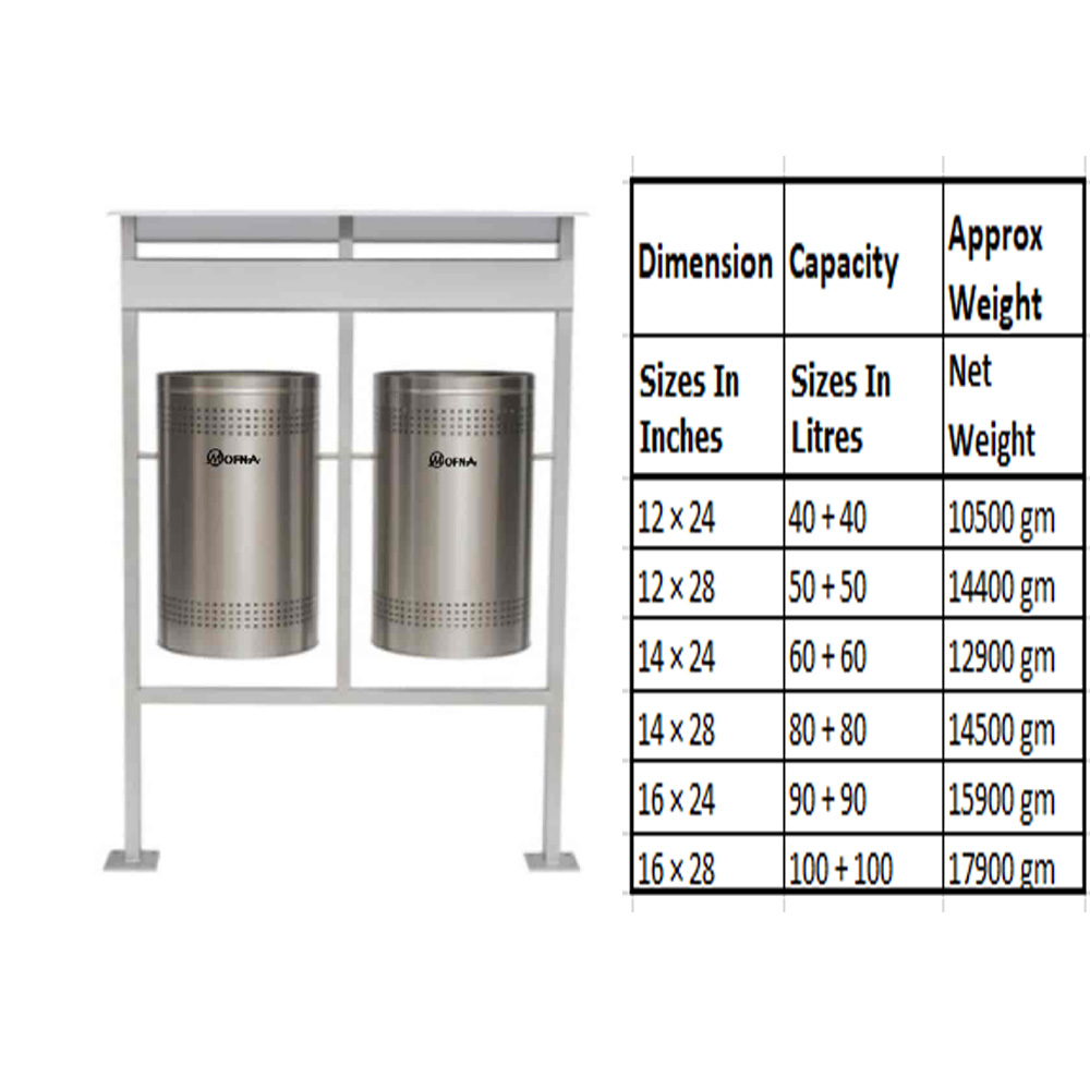 Mofna Stainless Steel Duo Name Plate With Roof Dustbin, 60 Liter