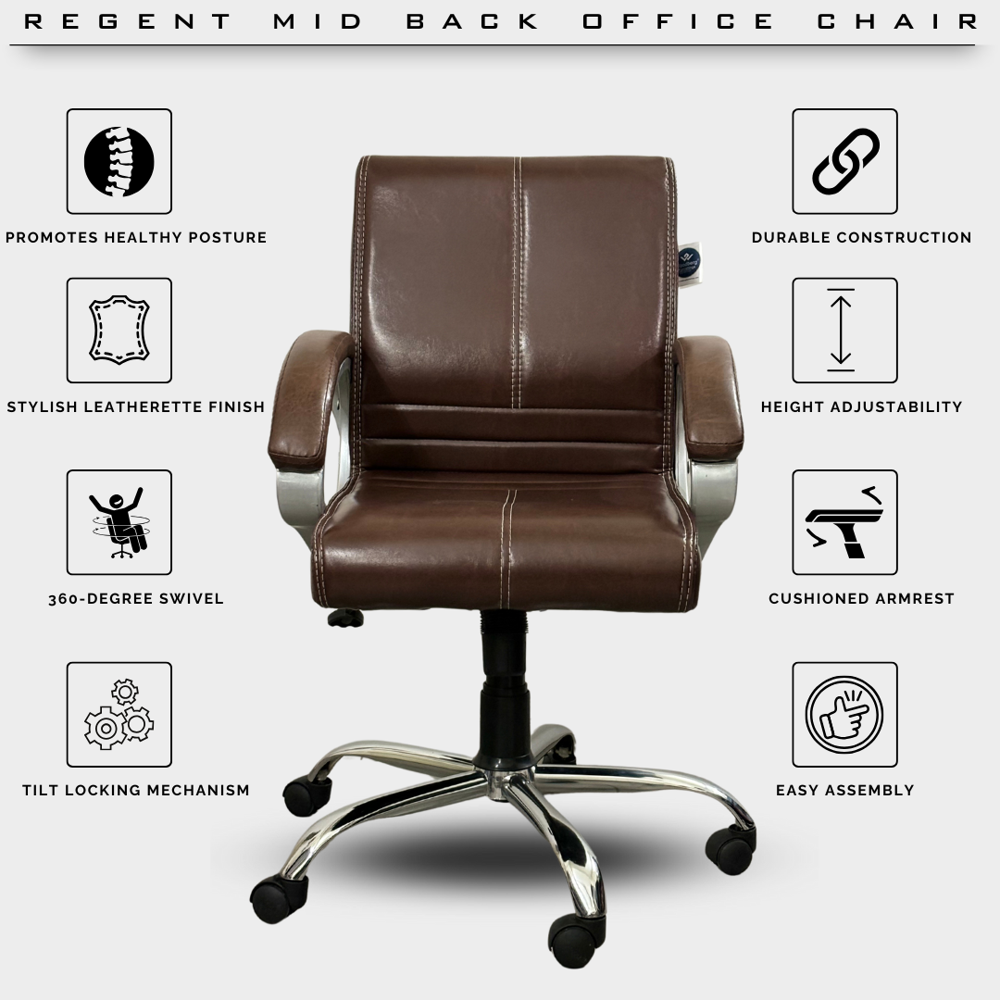A+ Regent Mid Back Ergonomic Leatherette Revolving Office Chair Brown