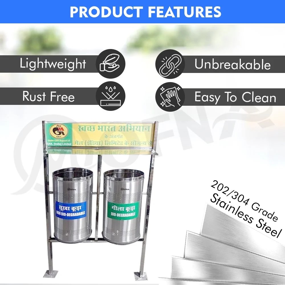 Mofna Stainless Steel Roof Pole Dustbin, 120 Liter