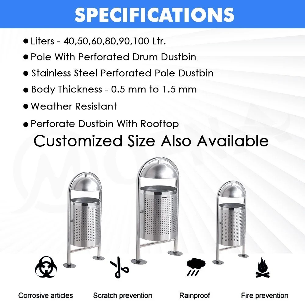 Mofna Stainless Steel Single Round Pole Dustbin 50 Liter