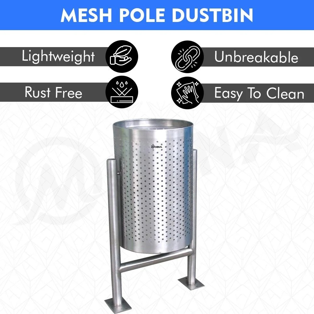 Mofna Stainless Steel Single Perforated Pole Dustbin 40 Liter