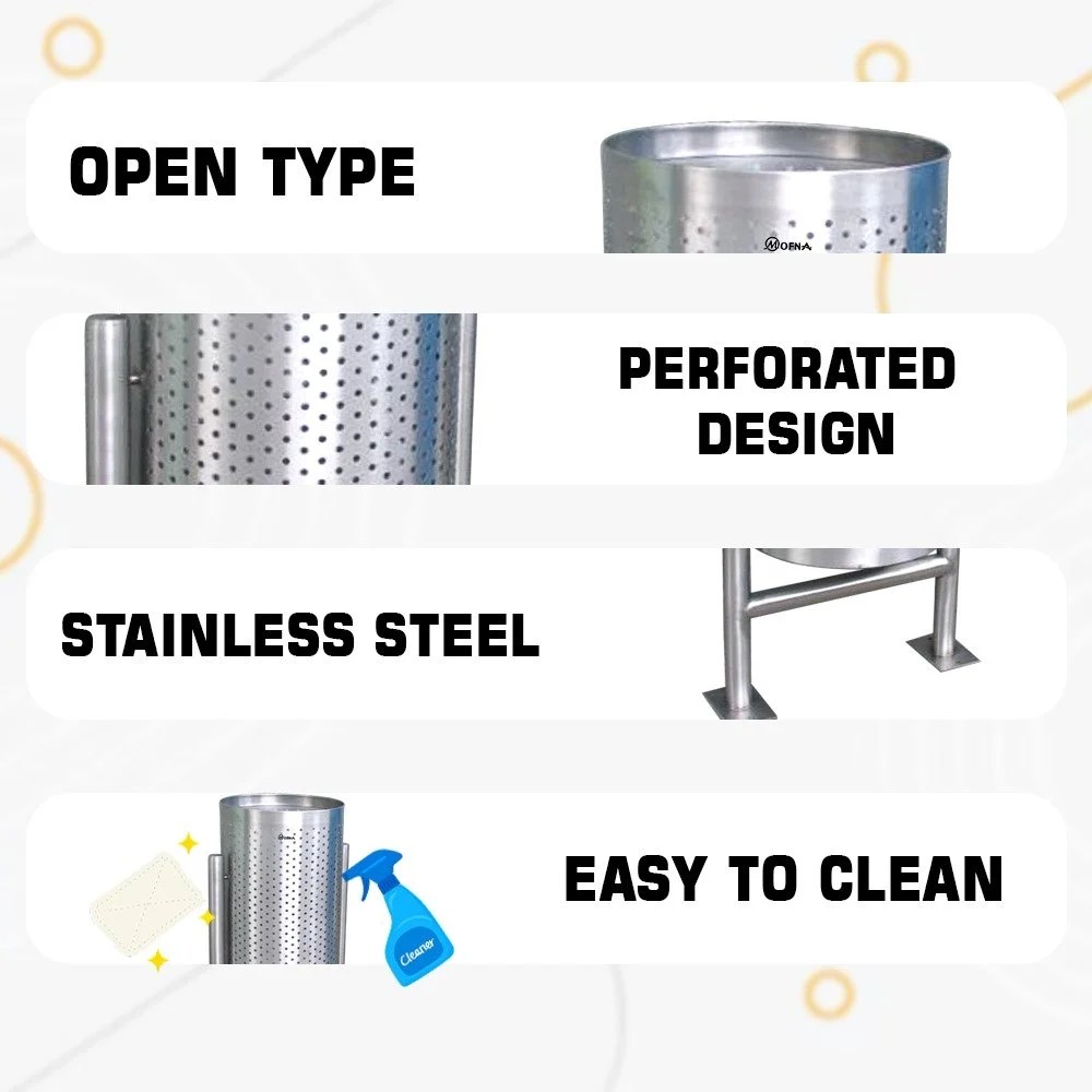Mofna Stainless Steel Single Perforated Pole Dustbin 40 Liter