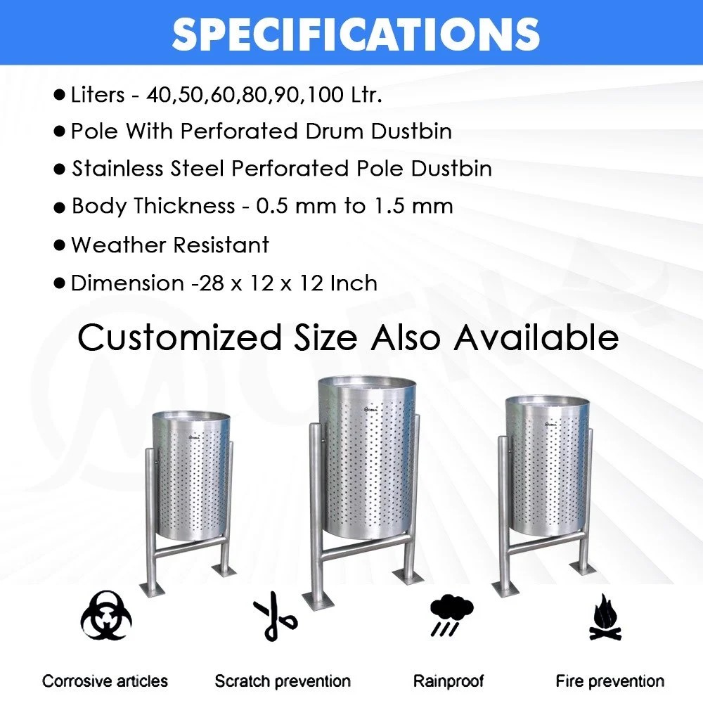 Mofna Stainless Steel Single Perforated Pole Dustbin 40 Liter