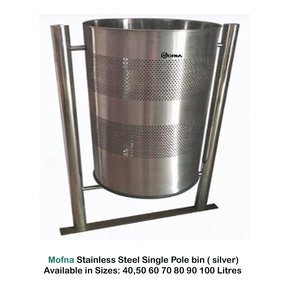 Mofna Stainless Steel  Single Perforated Pole Dustbin, 50 Liter 